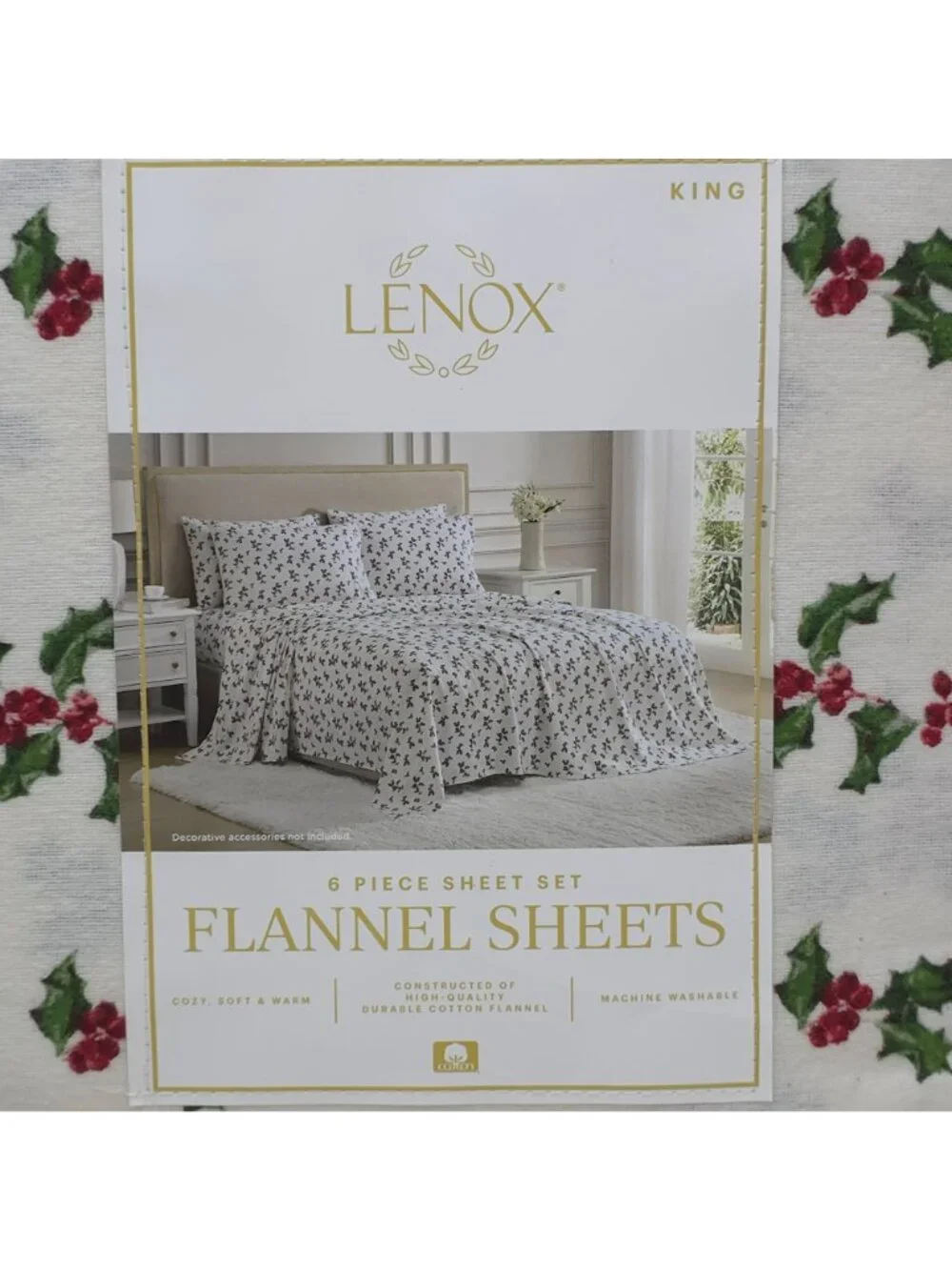 Lenox King 6-Piece Flannel Sheet Set Holly Green Pattern 100% Cotton Warm